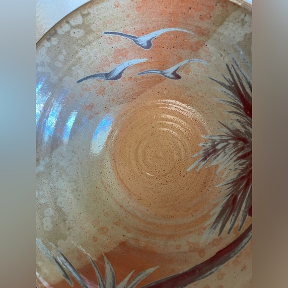 Studio Pottery Large Hand Thrown Bowl Tropical Palm Trees Bird Mixing Decor - Picture 8 of 10